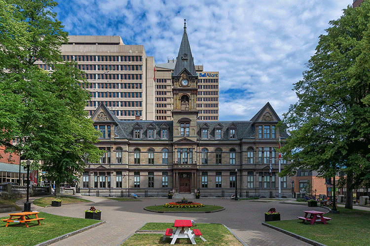 A majestic building with a clock tower and a serene park surrounding it
