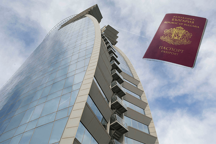 A passport beside a towering building, symbolizing travel and exploration