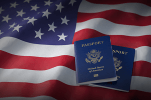 American passport and USA flag - symbolizing national identity and patriotism